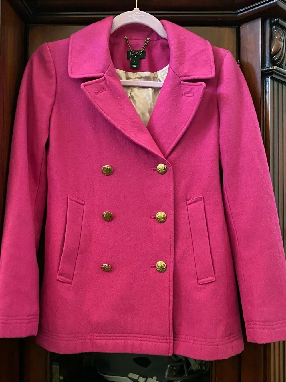 J. Crew Pink Double Breasted Peacoat Women’s Sz 0 Large Gold Buttons Wool Blend